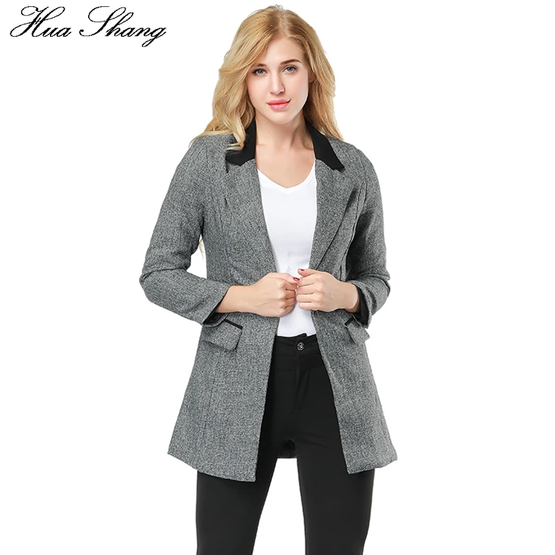 Autumn Winter Women Long Blazers Elegant Patchwork Collar Pockets
