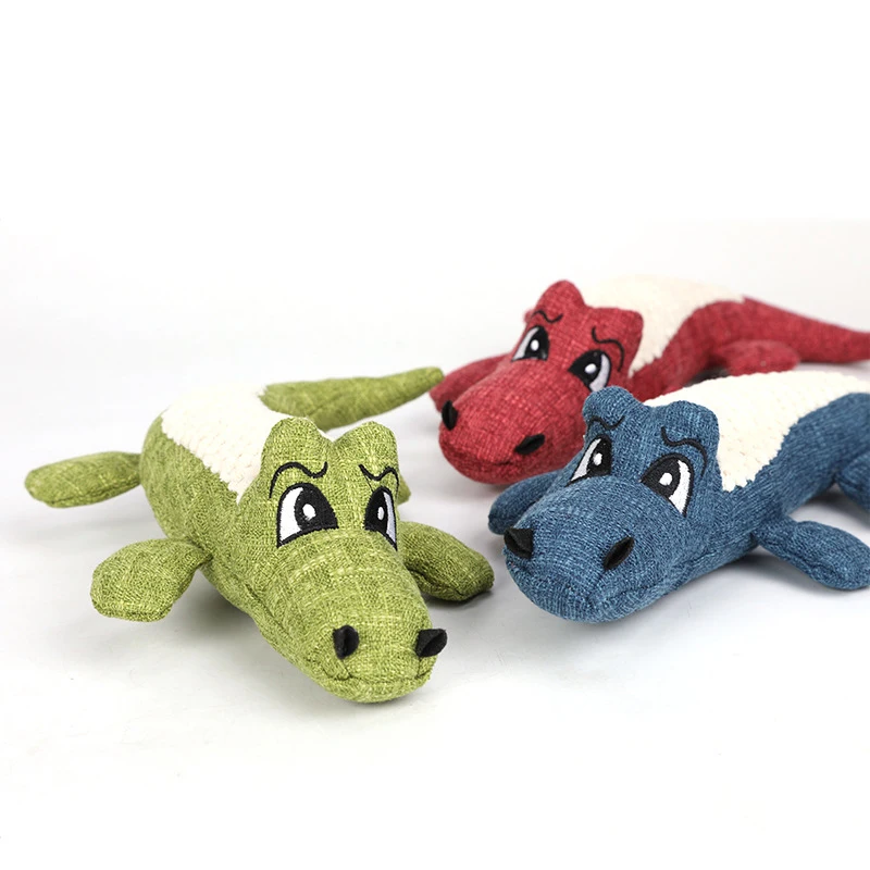 Cartoon Crocodile Linen Dog Toy Bite Resistance Soft Plush Pet Teeth Cleaning Chew Toy Interactive Puppy Cat Squeak Sound Toys