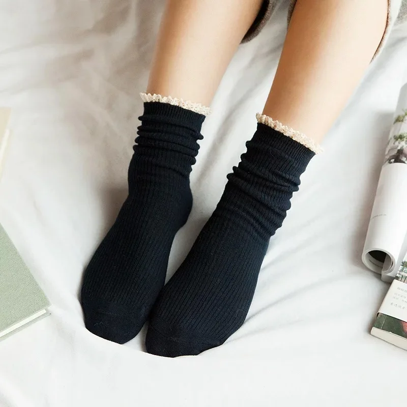 Новинка; однотонные кружевные носки с двойной иглой; женские зимние популярные повседневные хлопковые носки; женские винтажные носки; Sokken Calcetines Mujer - Цвет: navY bluE