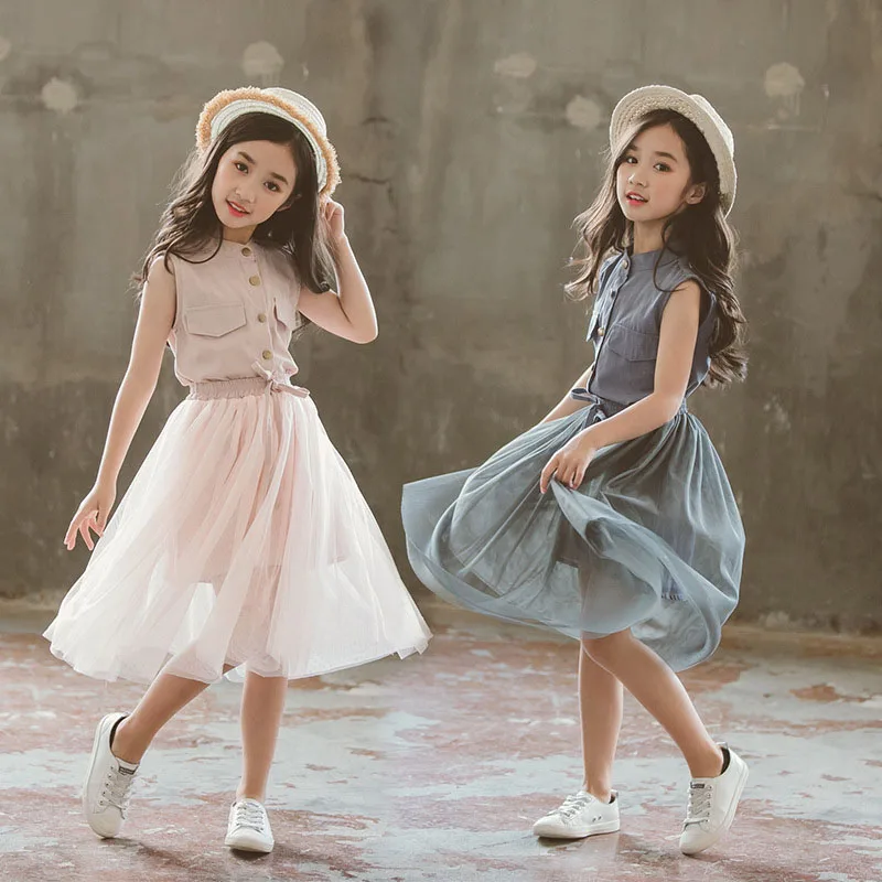 

New 2018 Baby Big Girls Clothing Sets Teenage Girls 2Pcs Clothes Kids Sleeveless Blouse Shirt & Long Mesh Skirts Children Suits
