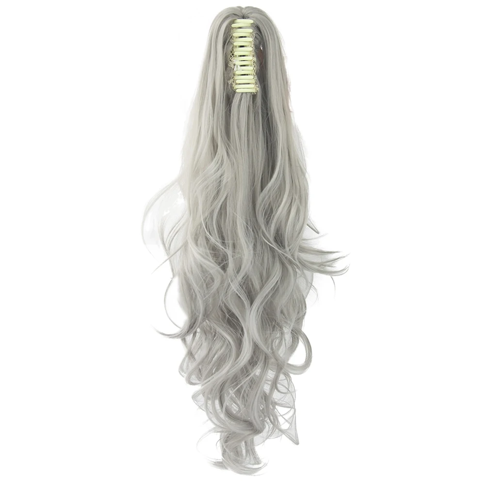 

Soowee 24inch Long Gray Blonde Wavy Clip on Hairpiece Extensions Pony Tail High Temperature Fiber Synthetic Hair Claw Ponytails