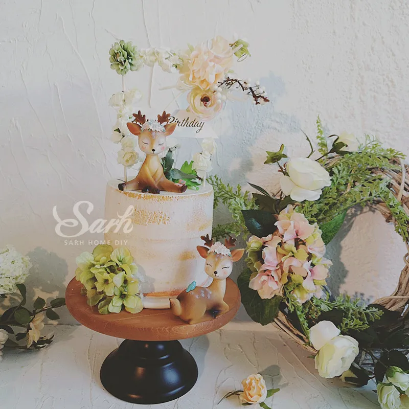 Романтические красивые украшения торта с изображением оленя Sika, цветов, украшения для дня рождения, украшения для выпечки, милые подарки
