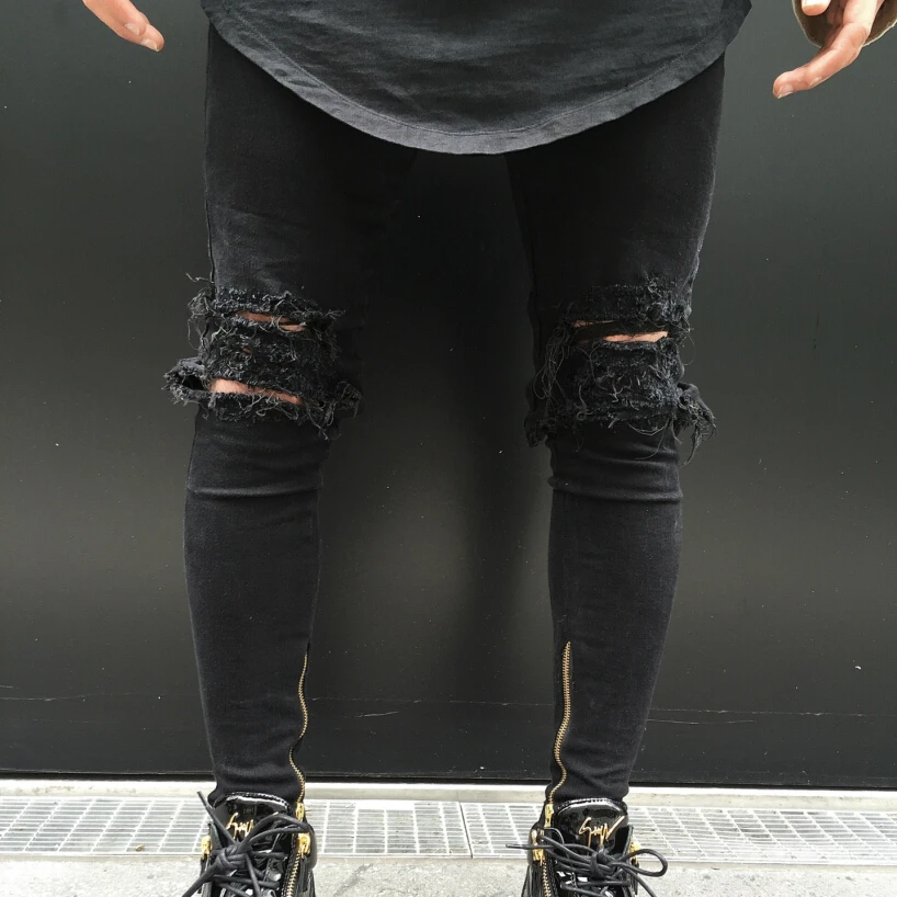 Men black distressed ripped hole biker jeans ankle zipper slim fit denim pants mens wash water moto stretch skinny jeans