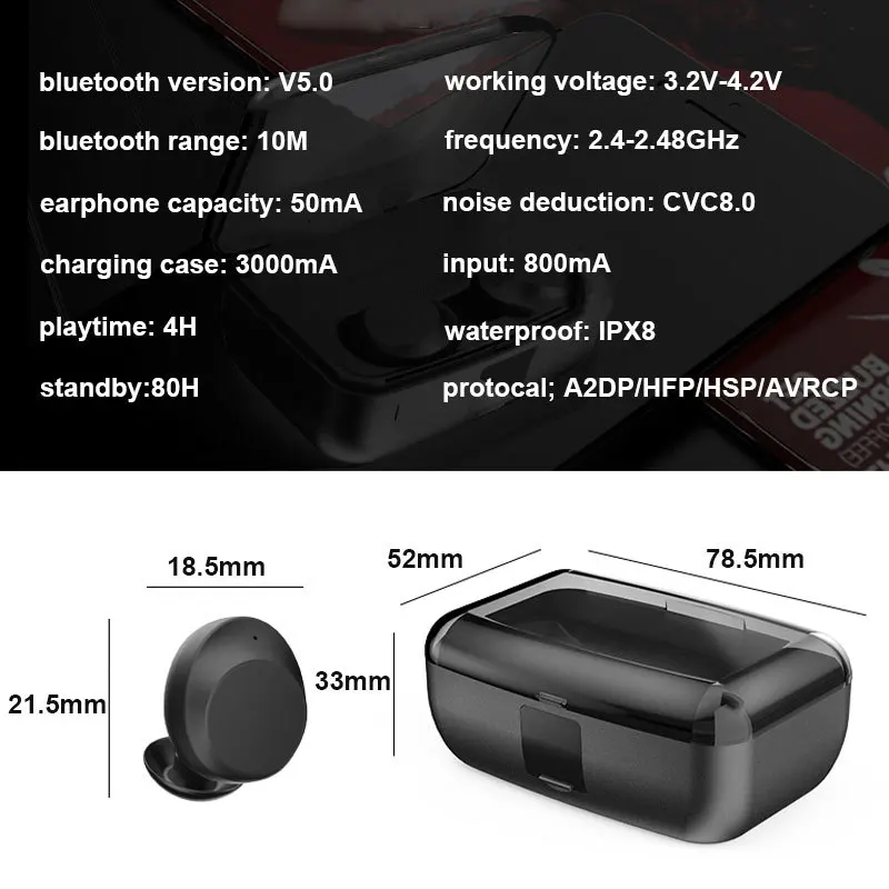 Tws 5,0 Bluetooth наушники Беспроводная bluetooth-гарнитура Ipx8 водонепроницаемый стерео Бас автоматическое включение быстрого сопряжения наушники для Iphone X