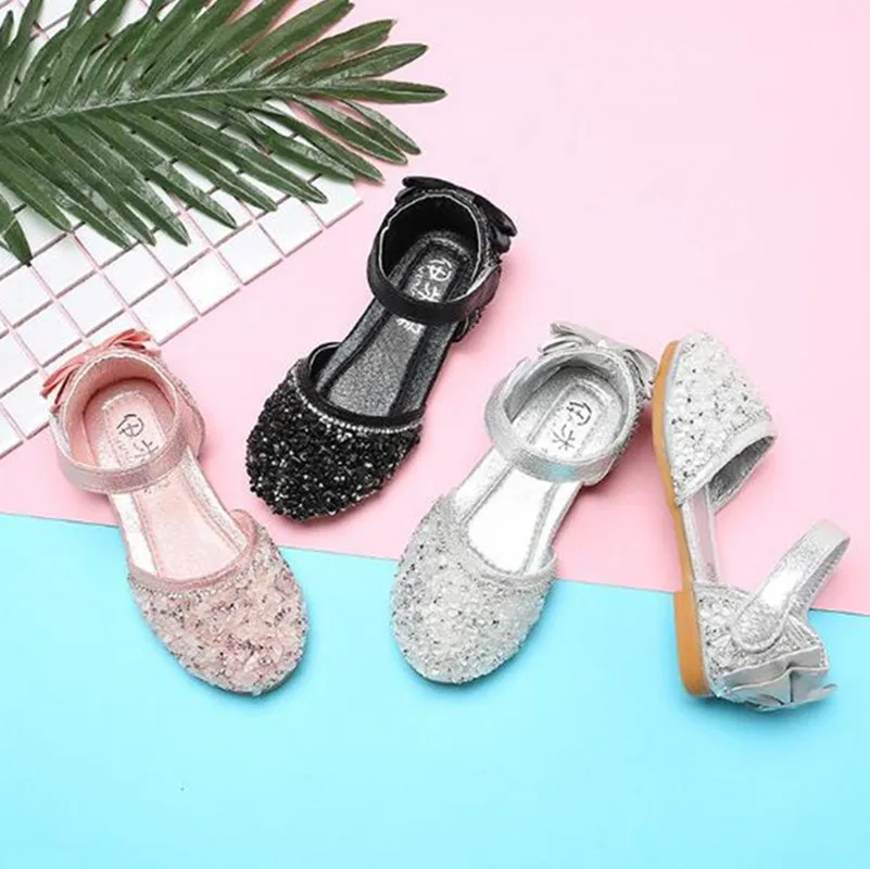 Childrens leather shoes Girls Rhinestone Sequin Princess Shoes Kids Wedding Party Shoes For Baby Girl Sandal Pink Black Silver Childrens leather shoes Girls Rhinestone Sequin Princess Shoes Kids Wedding Party Shoes For Baby Girl Sandal Pink Black Silver