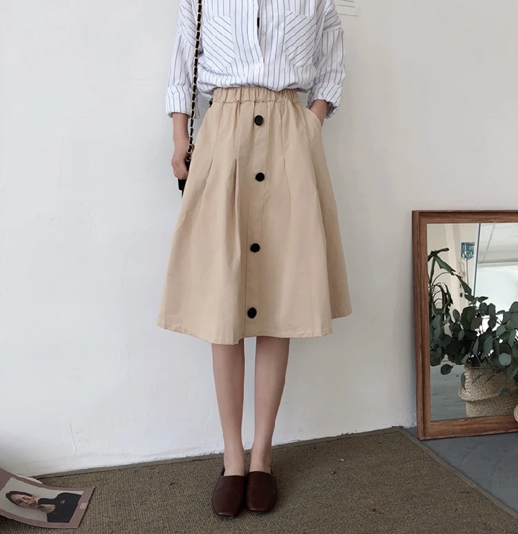 

Casual OL style A-line khaki skirt women 2019 spring saia