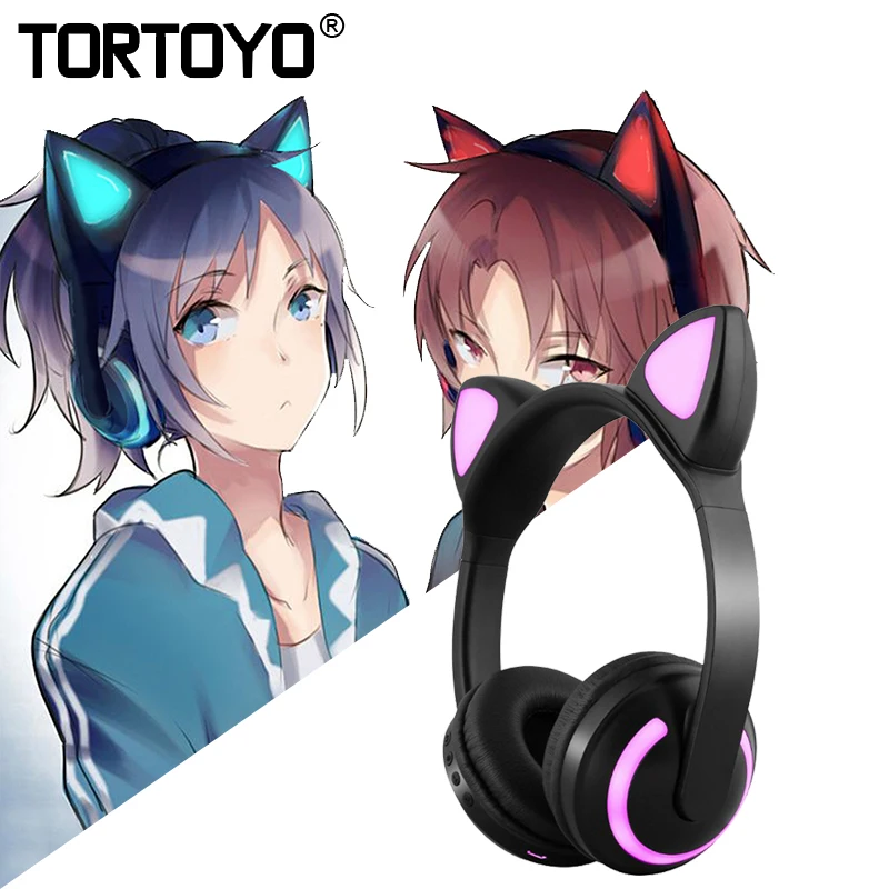 

TORTOYO Cat Ear Cartoon Colorful LED Lighting Bluetooth Headphone Luminous Earphone Wireless+Wired Stereo Headset for Phone PC