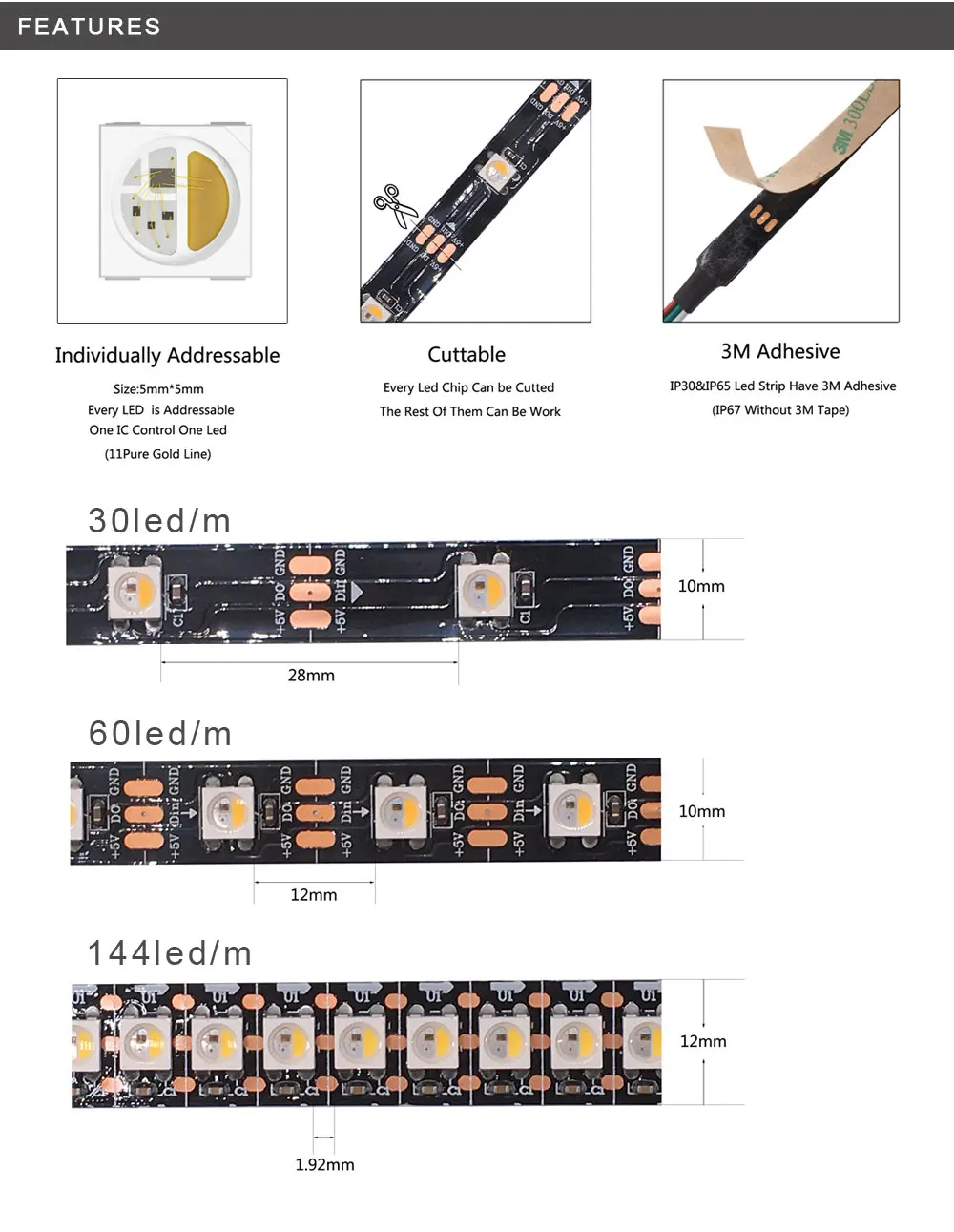 Светодиодные ленты SK6812(аналог WS2812B) RGBW 4 в 1 30/60/144 светодиодов/Пиксели/м; Индивидуальный Адресный светодиодные полосы IP30/IP65/IP67 DC5V