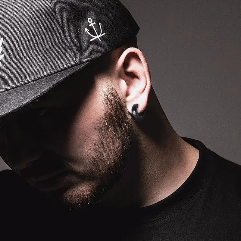 Men CZ Inlaid Stainless Steel Small Hoop Earring in Black Hip Hop