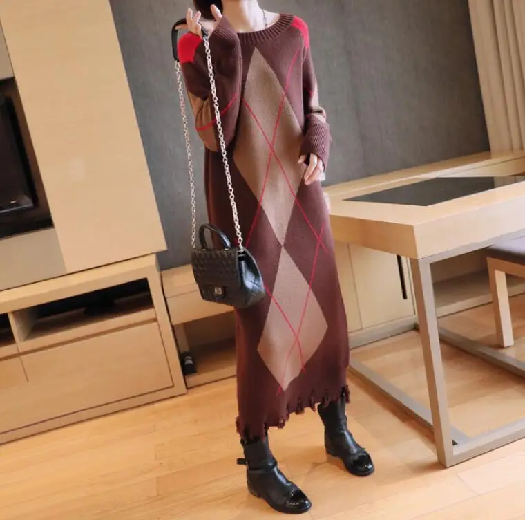 

Women Loose Patchwork Knitted Dress Ladies Casual Knitwear Female Sweater Patchwork Tassel Knit Dresses 2019