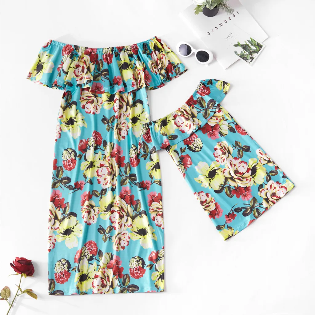 

MUQGEW mommy and me clothes Women's Floral Printing Off Shoulder Family Ruffles Clothes Dress ropa mama e hija #y4