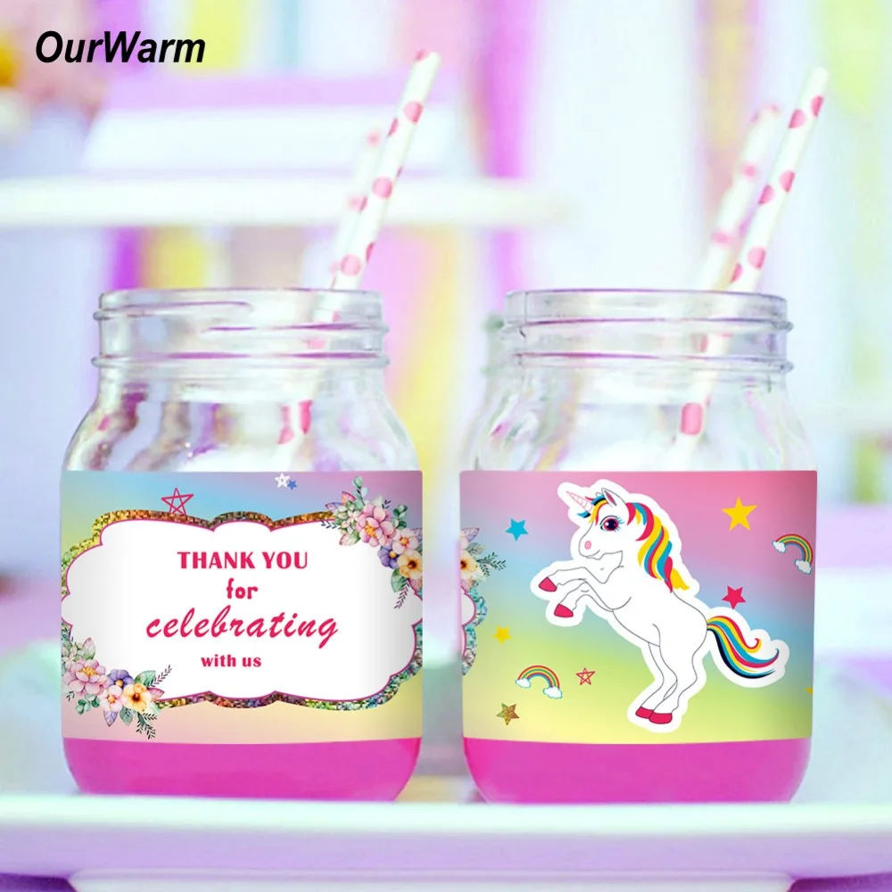 OurWarm Unicorn Party Accessories 12pcs Paper Water Bottle Sticker Unicorn Birthday Party Decoartion Kids Baby Shower Supply