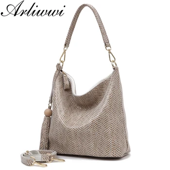 

Arliwwi Real Leather Shiny Serpentine Embossed Everyday Shoulder Bags For Women Wood Ball Tassel Female Hobos Handbags GB06