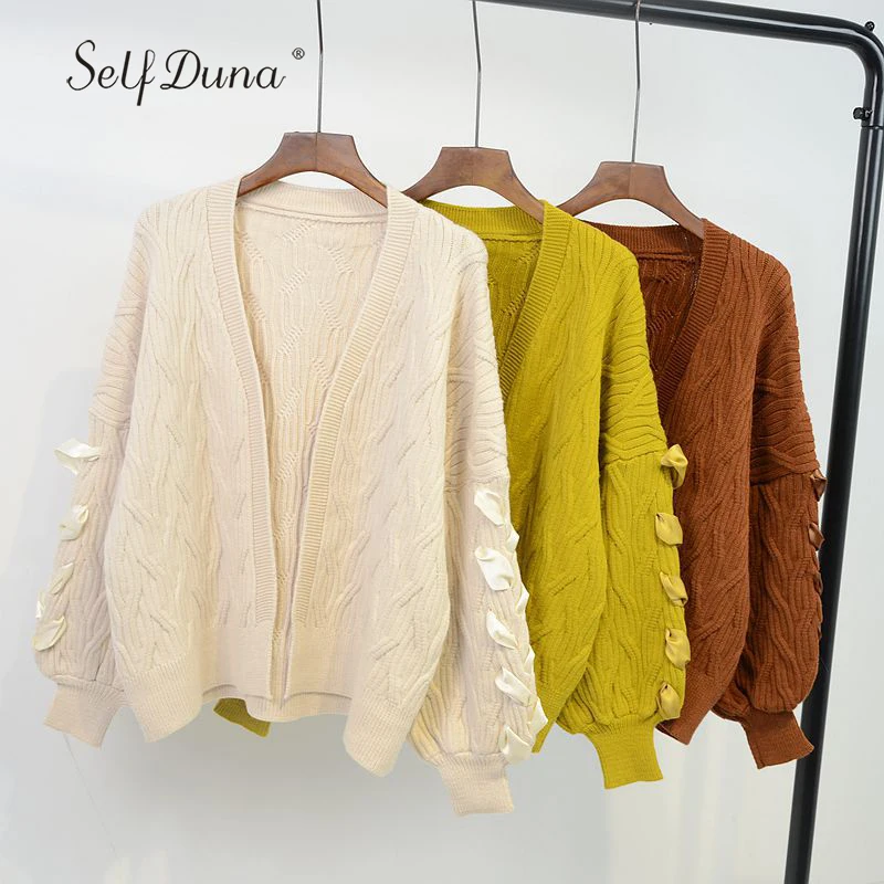 

Self Duna 2019 Autumn Winter Women Knitted Cardigan Sweater Oversized Lace Up Yellow Khaki Beige Female Knitting Cardigan Coat