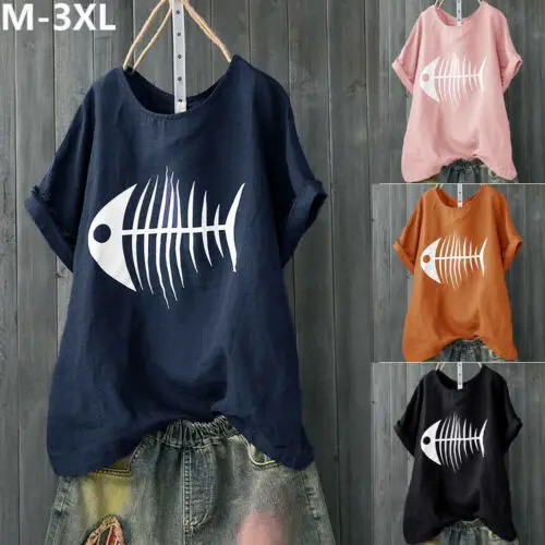 

Women T-Shirt Sexy Ladies Short Sleeve Loose O-Neck Shirt Funny Tops camisetas mujer Tee Shirt Fish Bone Print ModisBB4