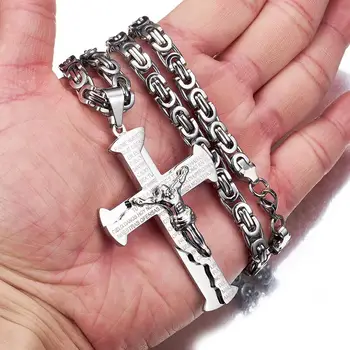 

High Quality Stainless Steel 6mm Byzanine Chain Silver Color Cross Jesus Crucifix Pendant Necklace 18-40" Rock Jewelry Wholesale