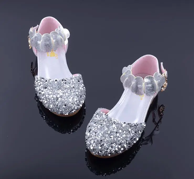 Обувь для девочек Серебряного и золотого вечерние для вечеринки, свадебные туфли, обувь принцессы, кожаные блестящие стразы, стразы