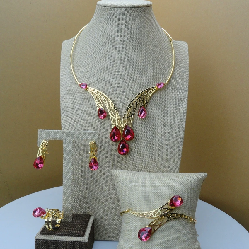 

2019 African High Quality Jewelry Fushia Rhinestone Jewelry 24Karat Dubai Gold Jewelry Sets FHK6452