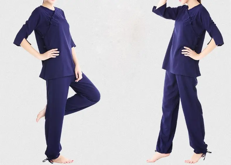 women high quality cotton&linen blue Summer&Spring female yoga suits