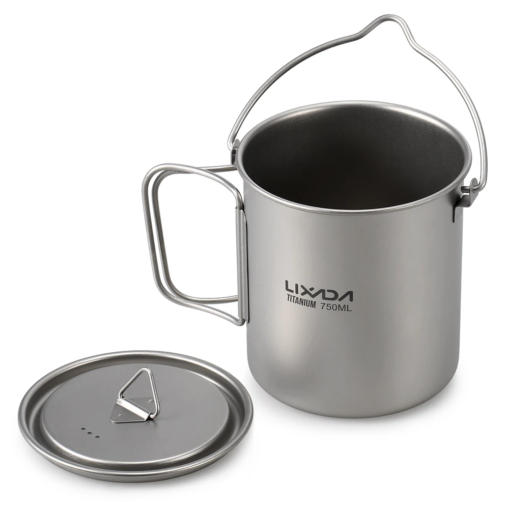 Camping Cookware Outdoor Pot 3 Pieces Titanium 750ml Pot 420ml Water Cup Mug Lid Handle Folding Spork For Outdoor Camping Picnic Backpacking