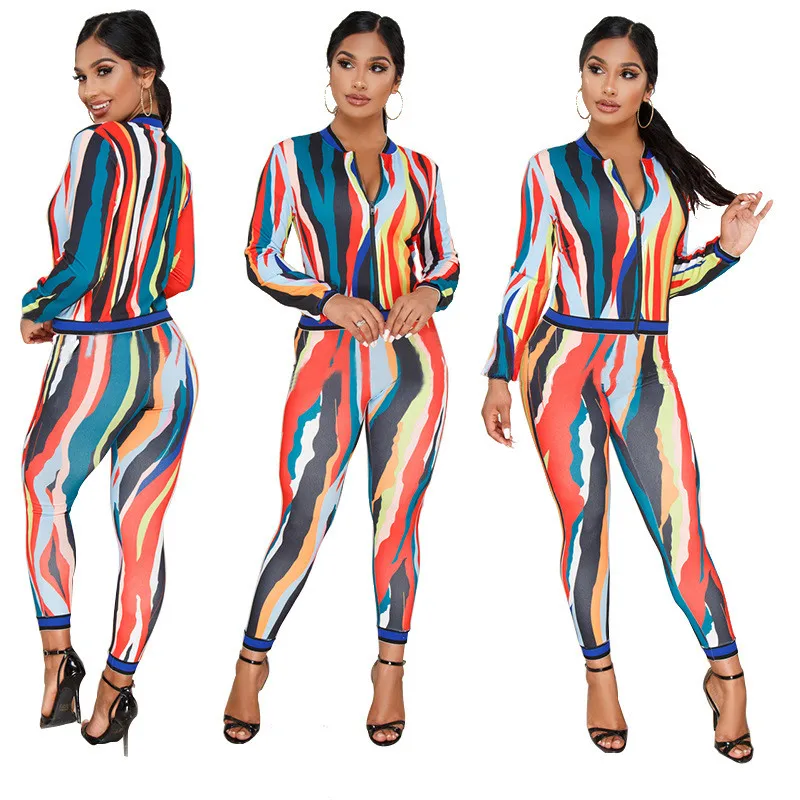 

2018 New Fashion 2 Piece Set Women Sweat Suits Autumn Long Sleeve Printed Jackets and Pants Jogger Suit Casual Tracksuit Set