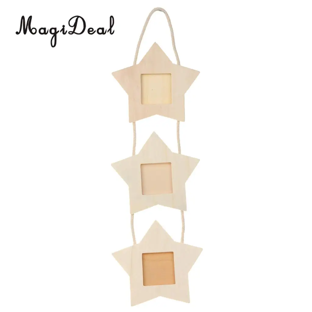 MagiDeal Rustic Wooden Stars Triple Hanging Photo Frames DIY Pictures Album Stand Kraft Home Wedding Engagements Decoration 