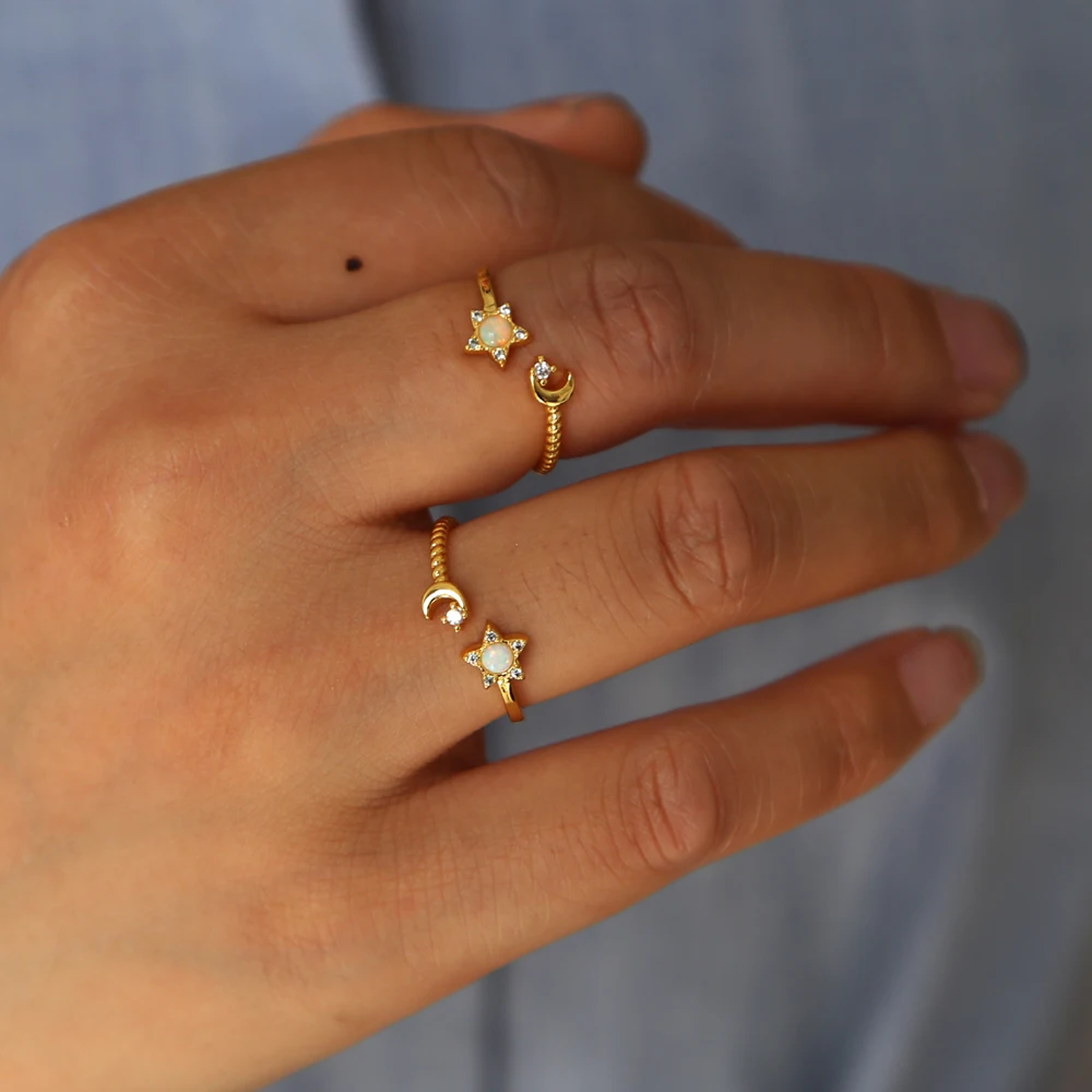 

2018 cute moon star open adjust ring Midi Minimal styles paved cz white opal Gem Top quality fashion gold color jewelry