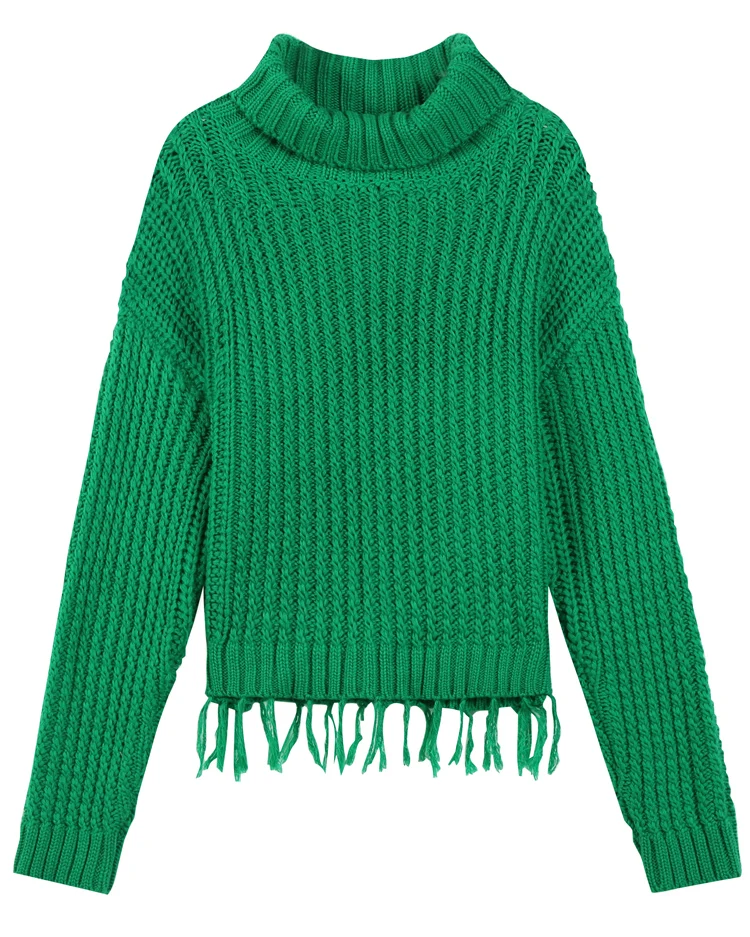 Samstree зеленый Однотонный свитер с высоким воротом и кисточками в минималистическом стиле, Женский вязаный пуловер, осень зима, Чистый свободный женский топ