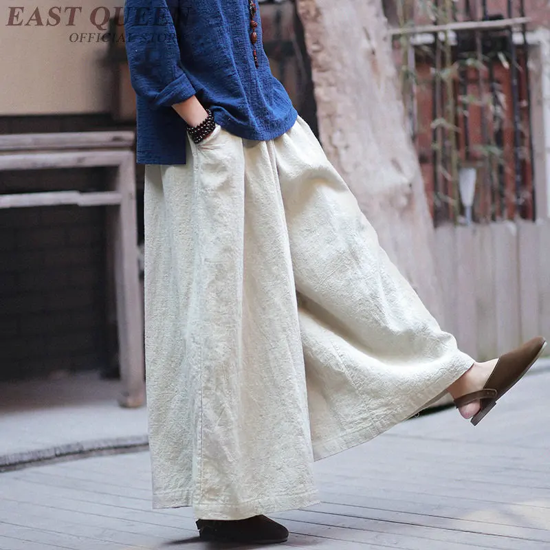 Chinese style linen Palazzo culotttes femme wide leg pants women female loose baggy ladies elegant pants trousers FF1268