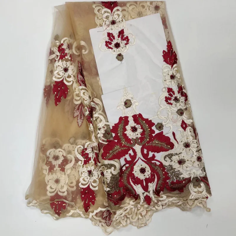 

(5yards/pc) high quality embroidered African French net lace graceful tulle lace fabric with beads for party dress FLW014