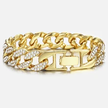 Льдом браслет для Для мужчин Золотой кубинской цепочка браслет мужской ювелирные изделия аксессуары подарки дропшиппинг 13,5/14/15 мм HGB453