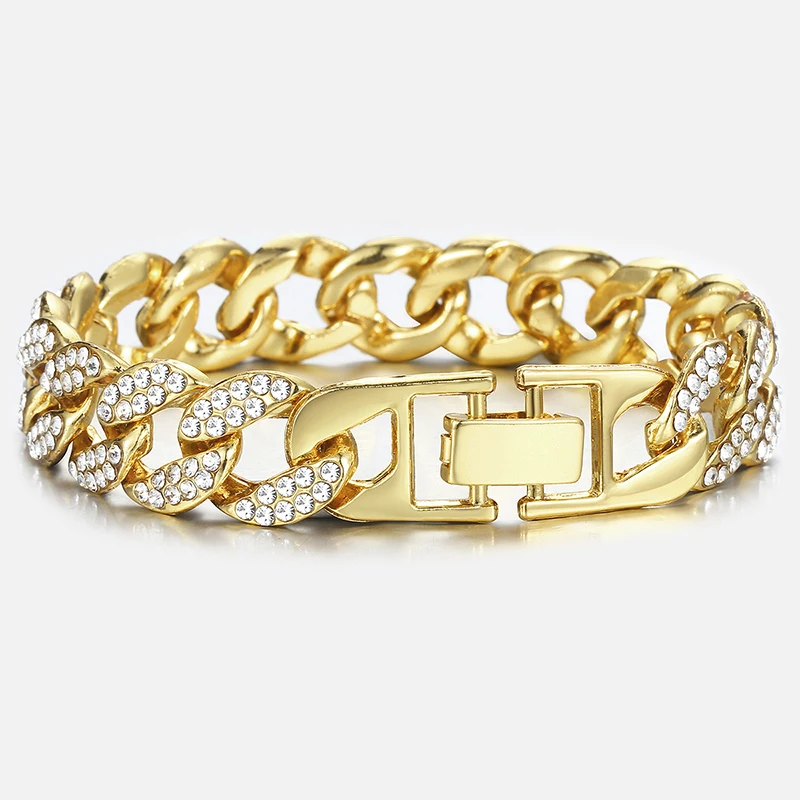 

Iced Out Bracelet For Men Gold Curb Cuban Chain Bracelet Male Jewelry Accessories Gifts Dropshipping 13.5/14/15mm HGB453