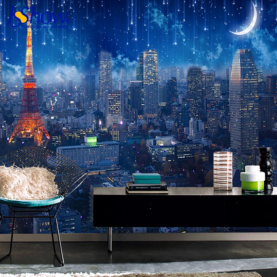 Jsshow Custom 3d Wallpaper Paris Tower Night Sky City Living Room
