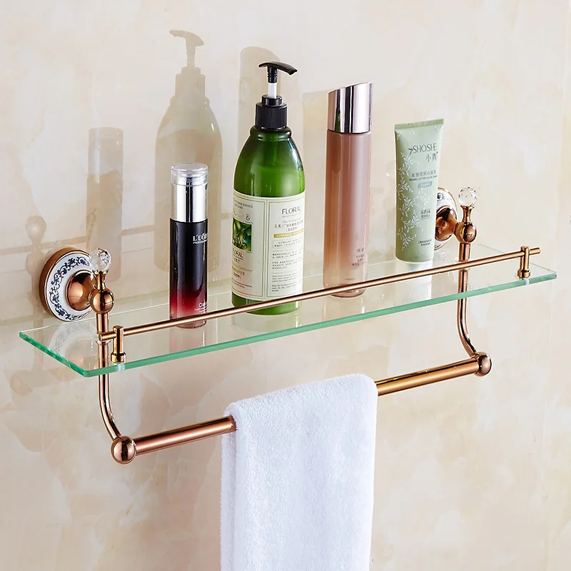 Rose Gold Stainless Steel Bathroom Shelf 60cm With Drill Bronze Ceramic