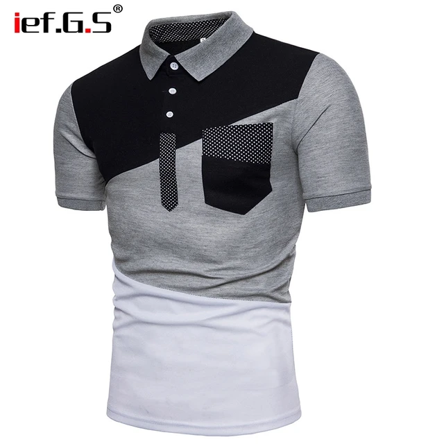 IEF.G.S Men’s Casual POLO Shirt Summer Fashion New Black and White Irregular geometry Stitching Short sleeved Polo Shirt Slim