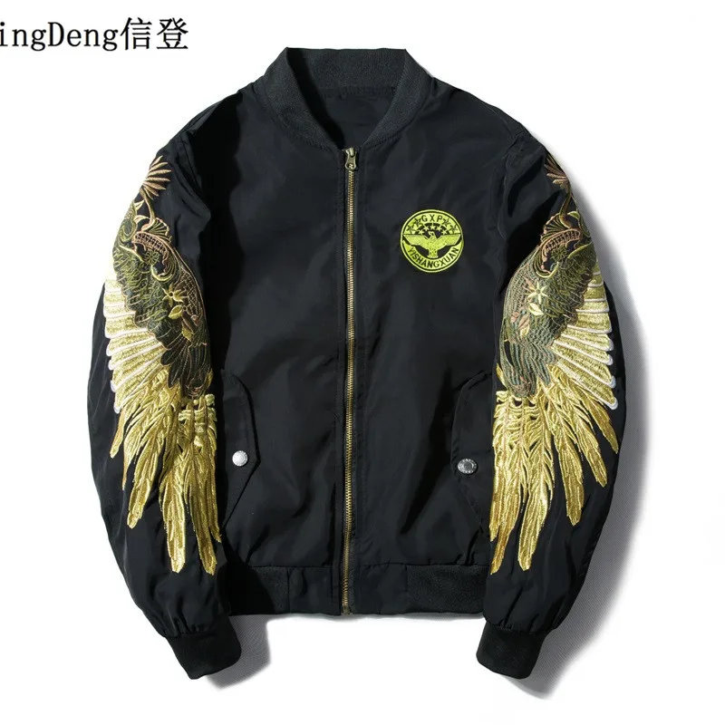 XingDeng New Men Streetwear wing Jacket Black Embroidery Bomber pilot fashion loose Brand-clothing top coat plus 3XL