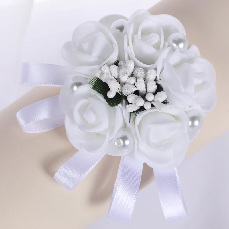 

White Wedding Bride Girl Bridesmaid Floral Hand Wrist Corsage Ribbon Tie Bracelet Ceremony Party Prom Flower Decor