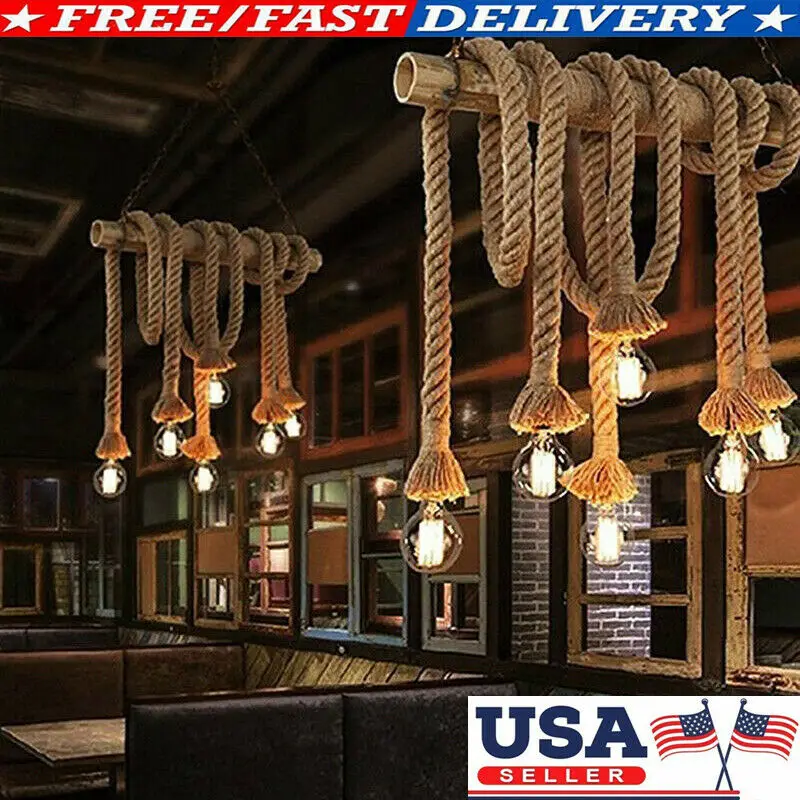 USA Hemp Rope Chandelier Retro Ceiling Light Industrial Lamp For E27 Lamp