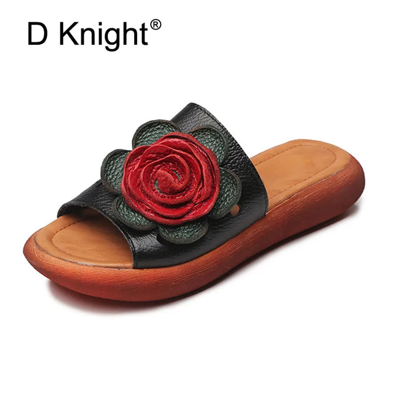 Big Size Flower Woman Beach Flip Flops Summer Sandals Slip- Resistant Slippers Platform Sandal Genuine Leather Slides Size 35-40 (3)