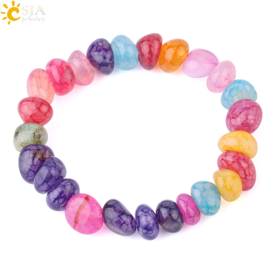 

CSJA Veins Irregular Beads Agates Bracelet Elastic Fashion Simple Beaded Bracelets Blue Purple Colorful Stone Women Bangles F796