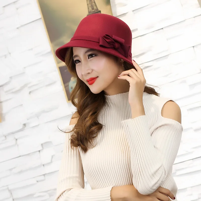

2019 Winter Warm Women Stylish Vintage Fashion Solid Felt Women Woolen Fedora Hat Bowknot Hats Ladies Women's Cap Bowler Caps