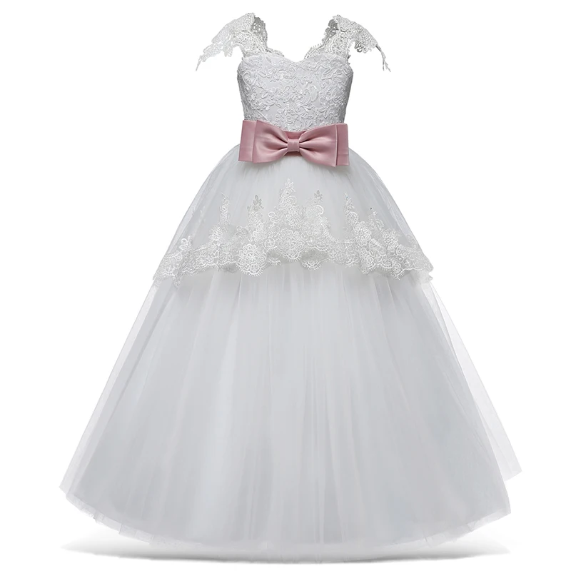 Белые детские платья с цветами для девочек, свадебное фатиновое кружевное длинное платье для девочек вечерние платья подружки невесты Детский костюм принцессы для детей возрастом от 6 до 14 лет
