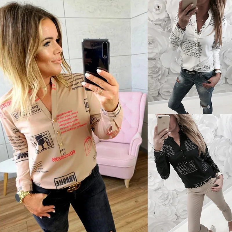 

Sexy V-Neck Women Letter Print Shirts Blouses Long Sleeve 2019 Spring Autumn New Slim Button Shirts Plus Size Fashion Women Tops