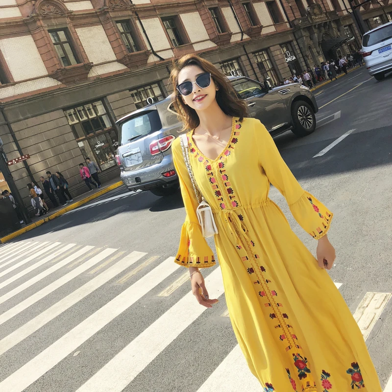 

MUMUZI Women Long Maxi Dress 2019 Summer Floral Print Boho Style Beach Dress Casual Flare Sleeve Bandage Party Dress Vestidos