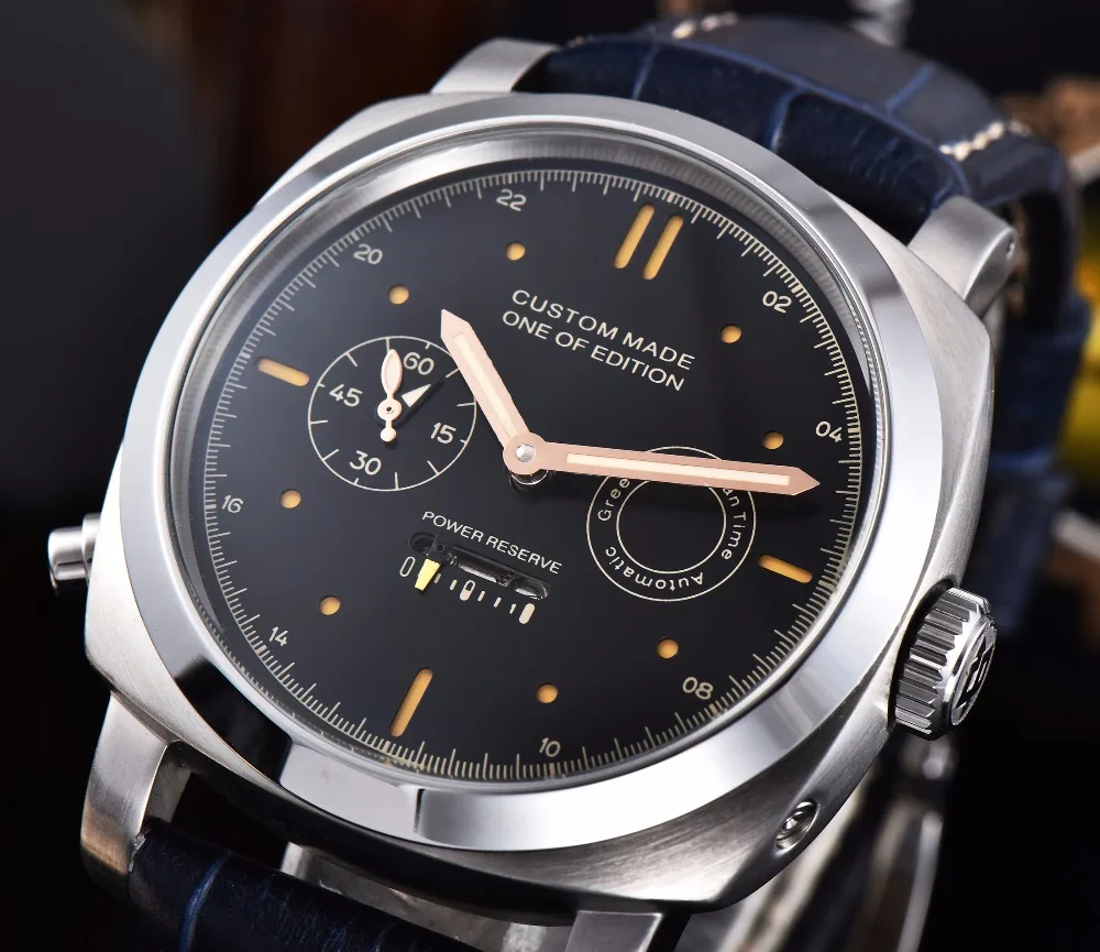 

Watch automatic power reserve 44mm military luminous pointer PVD black stainless steel case leather strap mineral glass S33