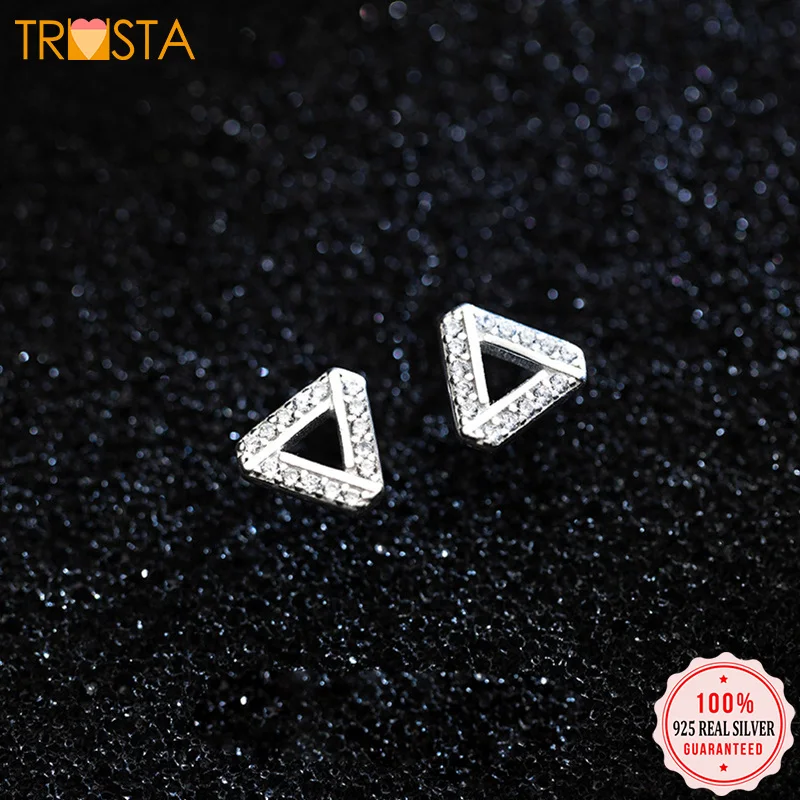 

Trustdavis 100% 925 Solid Real Sterling Silver Hollow Triangle With White CZ Stud Earring For Daughter Wife Party Gift ED152