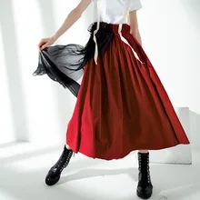 Новинка, летние модные женские юбки, уличная одежда, красное вино, пояс, высокая талия, сплошной цвет, хлопок, вуаль, до середины икры, плиссированная юбка
