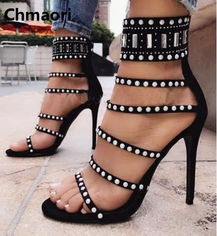 

2018 hot sell Thin high heel Stripe segmentation sandals Rivet pattern arrangement decoration simple Summer sandals