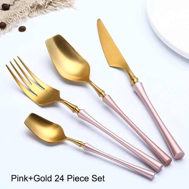 Pink Gold 24 шт./компл. черный золотой набор столовых приборов 304 столовая посуда из нержавеющей стали западное серебро столовое серебро набор столовых приборов Прямая - Цвет: Pink Gold