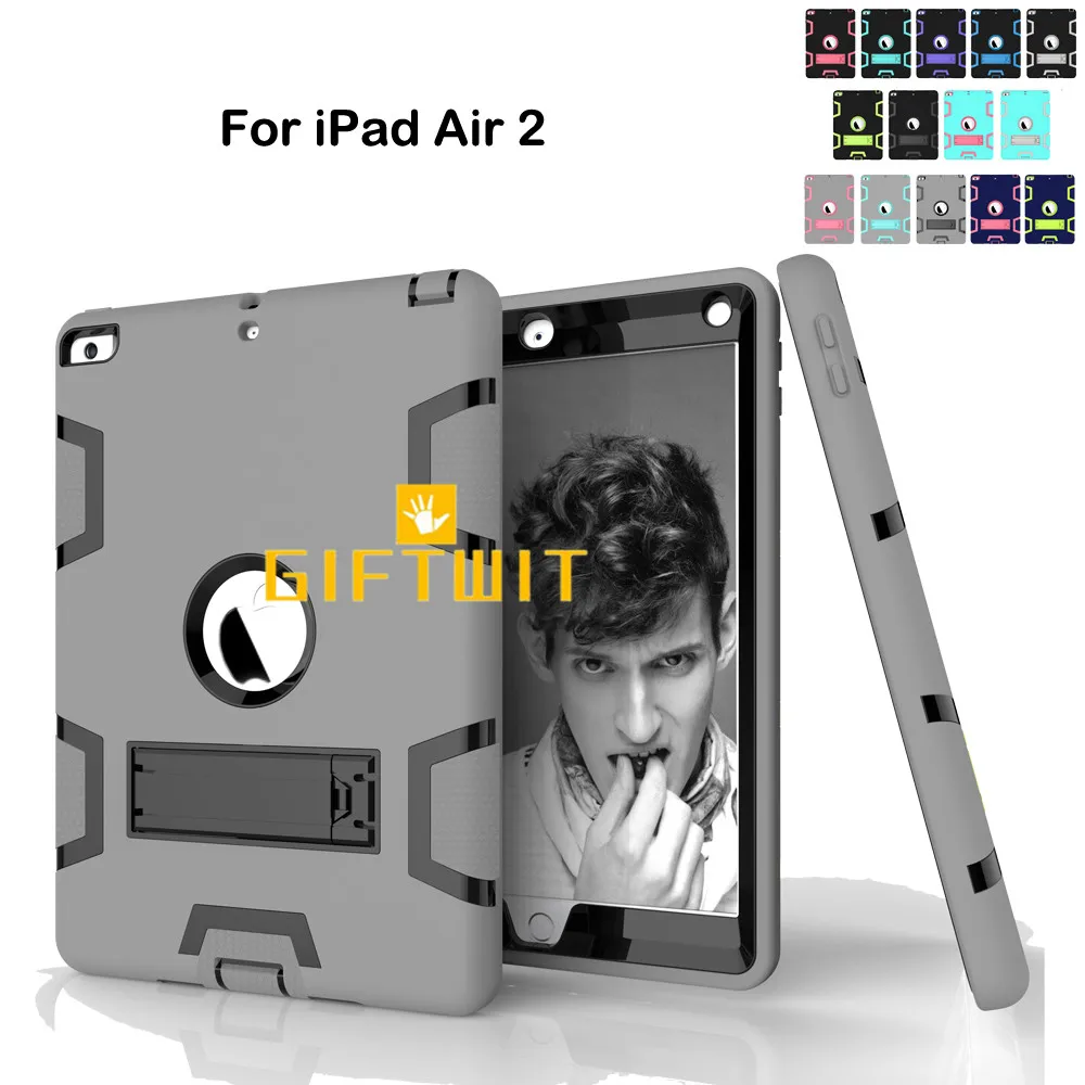 

Case For iPad Air 2, High Impact Resistant Shockproof Heavy Duty Armor Silicon+PC Hybrid Three Layer Stand Cover Case For iPad 6
